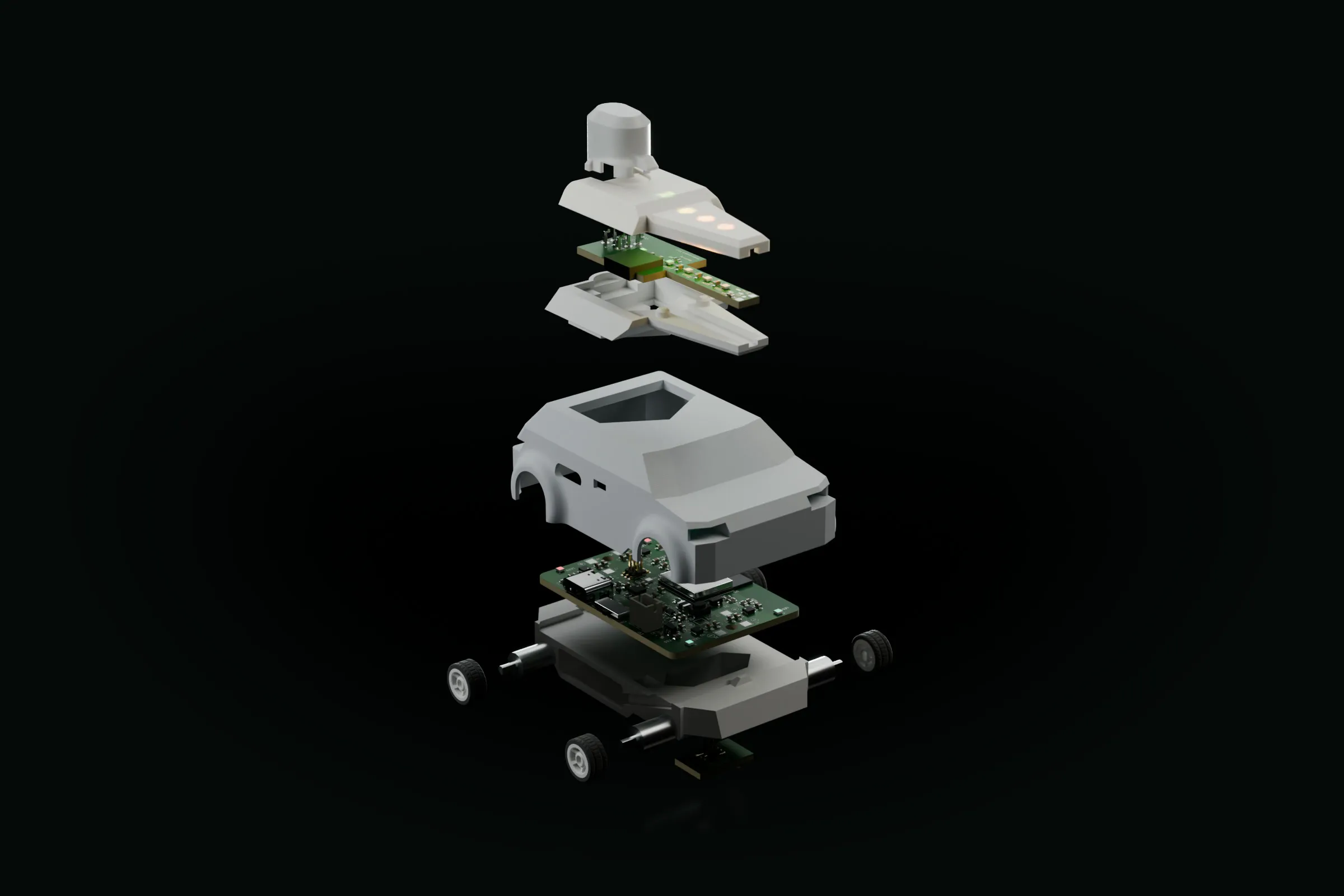Exploded render of the Zappit Racer: the translucent turret cover, turret board and turret base at the top, then the light grey body shell, the green main board, and the white chassis with motors, wheels and the colour-sensor board underneath.