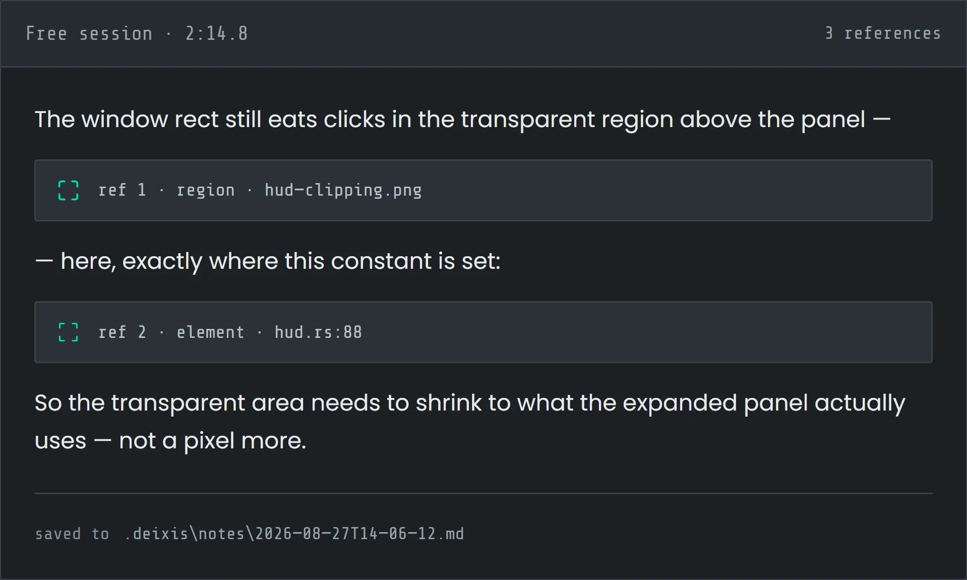 A Free-mode session: spoken sentences interleaved with a captured screen region and a code element reference, saved as a markdown note.