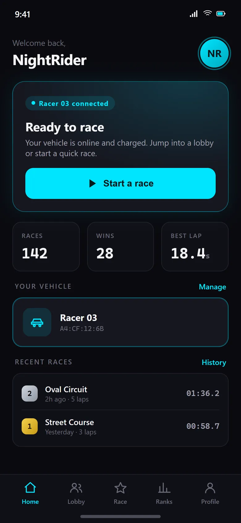 App home screen: the connected car, race statistics and a Start a race button.