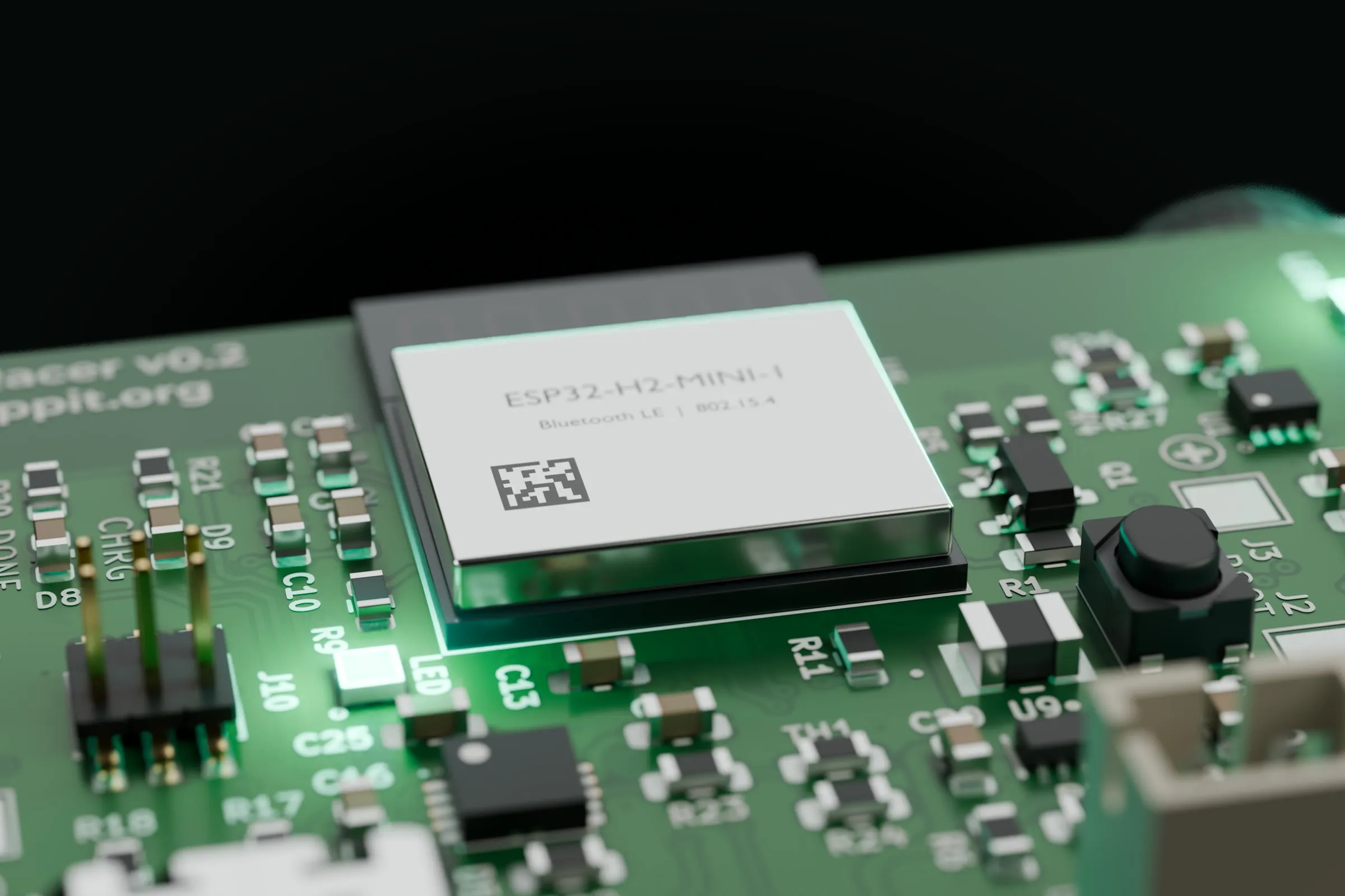 Close-up render of the Zappit Racer main board: the ESP32-H2 module, components and a glowing status LED.