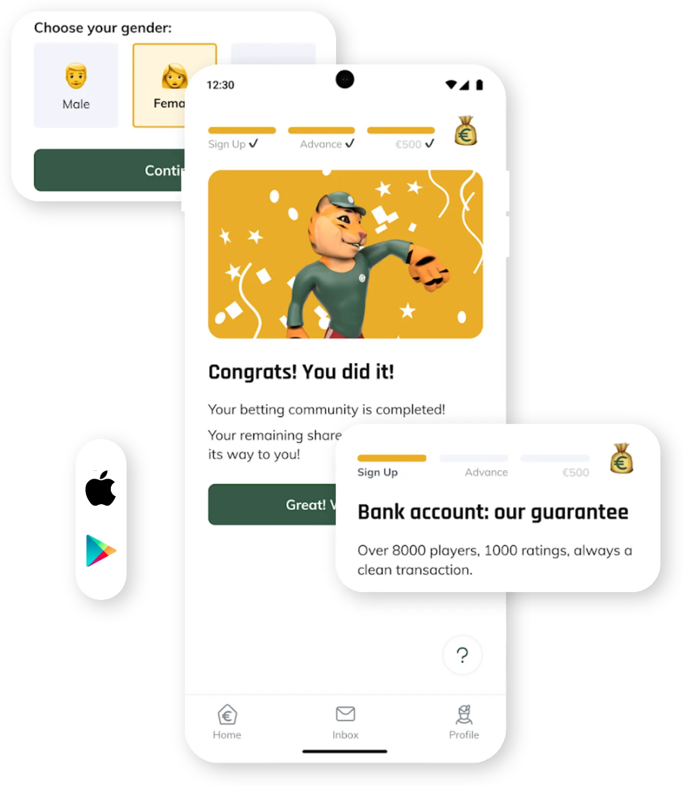 Robethood mobile app screens showing onboarding progress and a completion screen.
