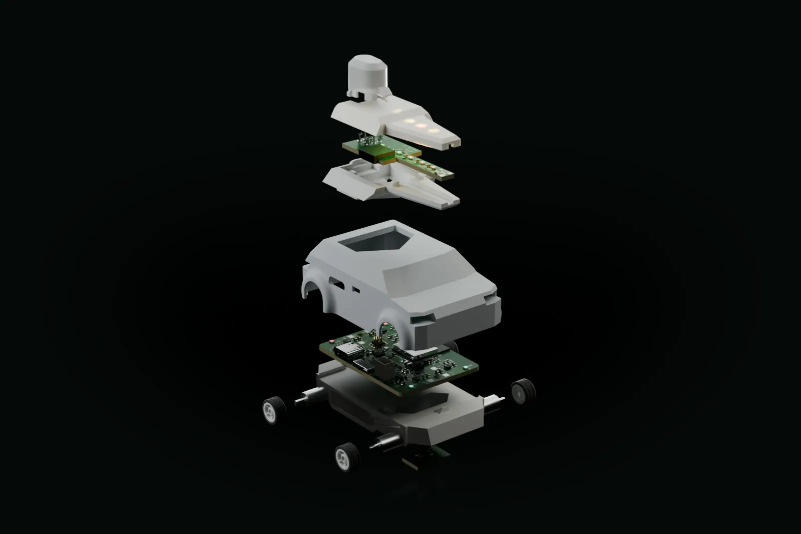 Exploded render of the Zappit Racer: turret cover, turret board and base, the light grey body shell, the main circuit board, and the white chassis with motors, wheels and the colour-sensor board underneath.